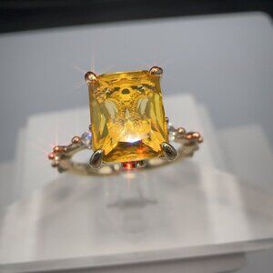 Yellow Radiant Cut Crystal Gemstone Ring With Brass Gold-Plated Band Size 6